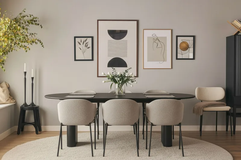 Noira Ovalt Spisebord 220 cm med 6 Filip Spisestoler - Svart / Taupe Bouclé - Møbler - Bord - Spisegrupper