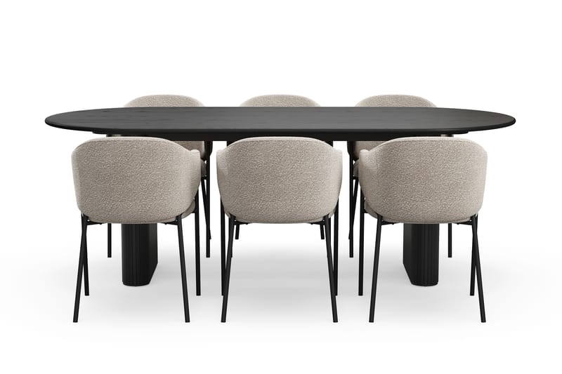 Noira Ovalt Spisebord 220 cm med 6 Filip Spisestoler - Svart / Taupe Bouclé - Møbler - Bord - Spisegrupper