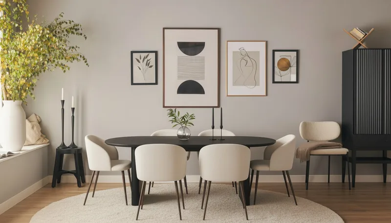 Noira Ovalt Spisebord 220 cm med 6 Greya Spisestoler med armlener - Svart / Hvit Bouclé / Metallben Valnøtt - Møbler - Bord - Spisegrupper