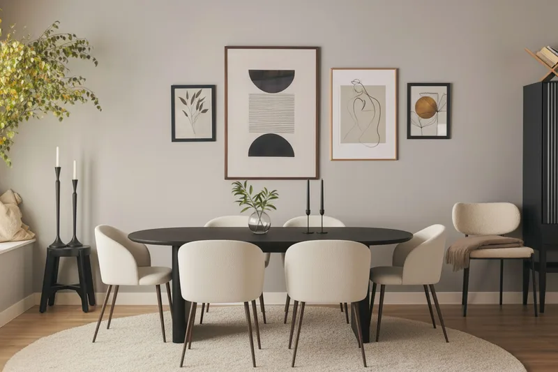 Noira Ovalt Spisebord 220 cm med 6 Greya Spisestoler med armlener - Svart / Hvit Bouclé / Metallben Valnøtt - Møbler - Bord - Spisegrupper