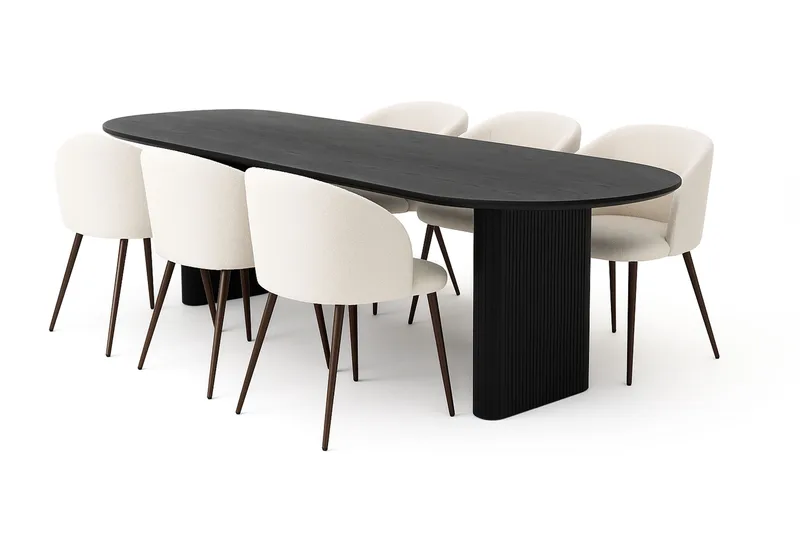 Noira Ovalt Spisebord 220 cm med 6 Greya Spisestoler med armlener, Svart / Hvit Bouclé / Metallben Valnøtt