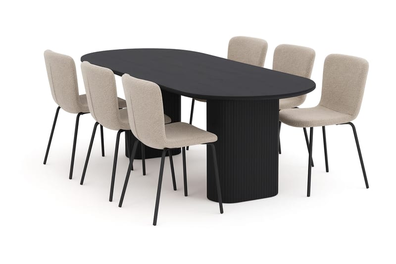Noira Ovalt Spisebord 220 cm med 6 Katy Spisestoler, Svart / Greige Bouclé / Metallben Svart