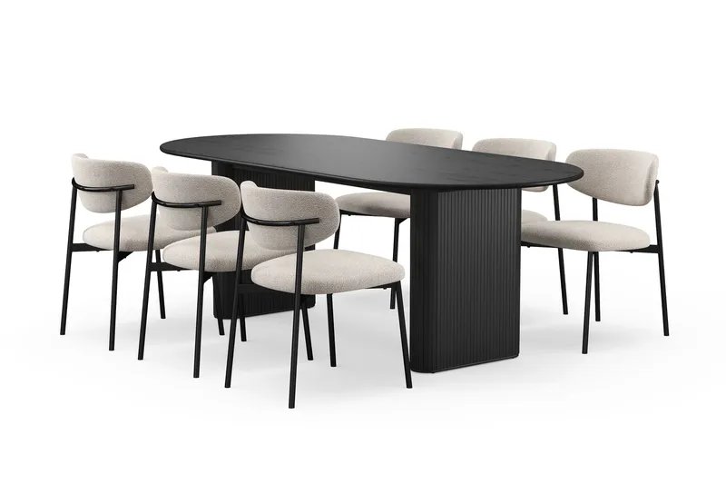 Noira Ovalt Spisebord 220 cm med 6 Lucy Spisestoler, Svart / Greige Bouclé / Metallben Svart
