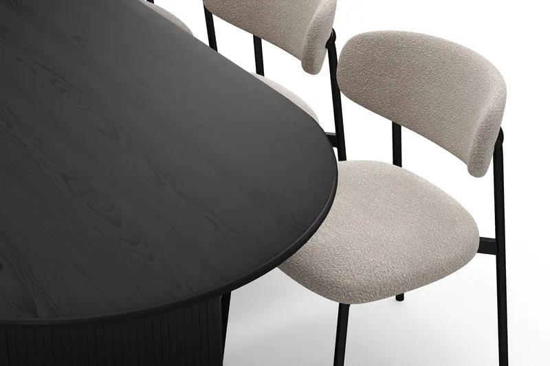Noira Ovalt Spisebord 220 cm med 6 Lucy Spisestoler - Svart / Greige Bouclé / Metallben Svart - Møbler - Bord - Spisegrupper