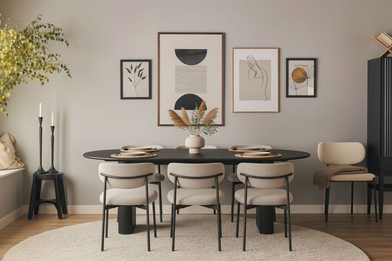 Noira Ovalt Spisebord 220 cm med 6 Lucy Spisestoler - Svart / Greige Bouclé / Metallben Svart - Møbler - Bord - Spisegrupper