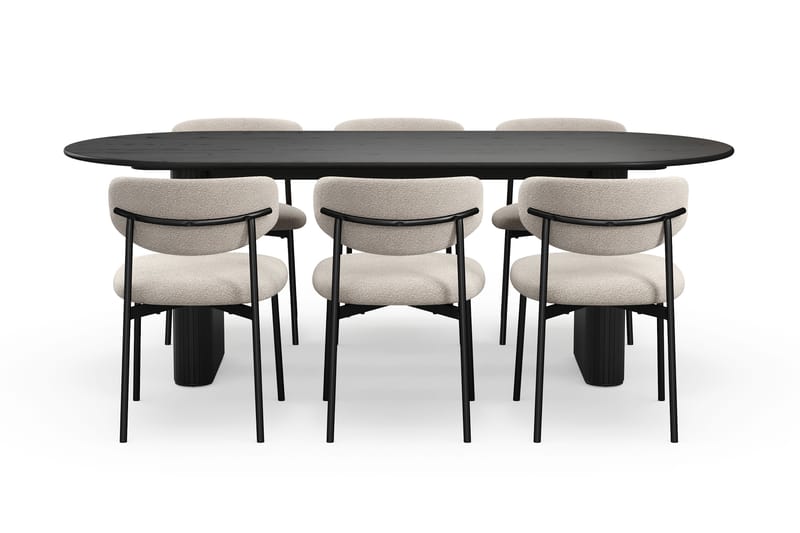 Noira Ovalt Spisebord 220 cm med 6 Lucy Spisestoler - Svart / Greige Bouclé / Metallben Svart - Møbler - Bord - Spisegrupper