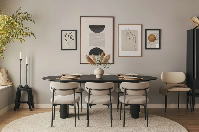 Noira Ovalt Spisebord 220 cm med 6 Lucy Spisestoler - Svart / Greige Bouclé / Metallben Svart - Møbler - Bord - Spisegrupper