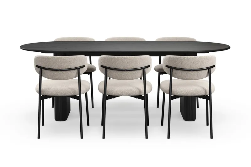 Noira Ovalt Spisebord 220 cm med 6 Lucy Spisestoler - Svart / Greige Bouclé / Metallben Svart - Møbler - Bord - Spisegrupper