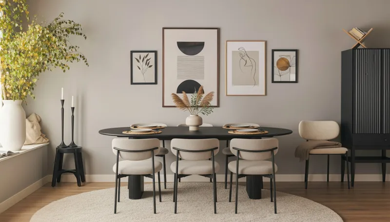 Noira Ovalt Spisebord 220 cm med 6 Lucy Spisestoler - Svart / Greige Bouclé / Metallben Svart - Møbler - Bord - Spisegrupper