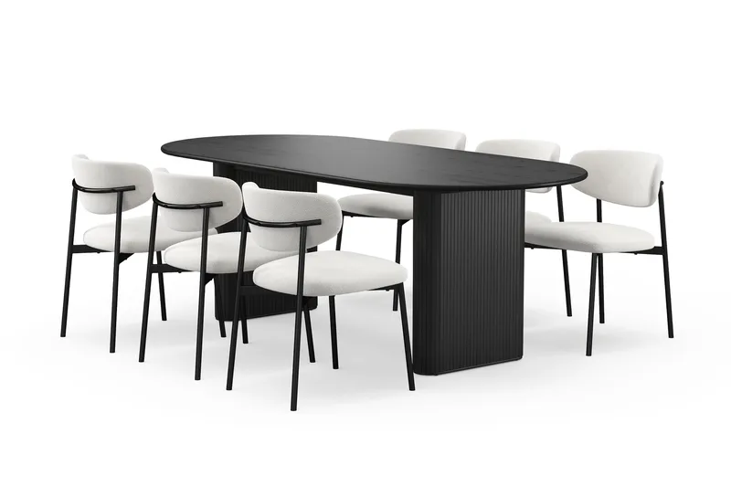 Noira Ovalt Spisebord 220 cm med 6 Lucy Spisestoler, Svart / Hvit Bouclé / Metallben Svart