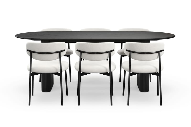 Noira Ovalt Spisebord 220 cm med 6 Lucy Spisestoler - Svart / Hvit Bouclé / Metallben Svart - Møbler - Bord - Spisegrupper