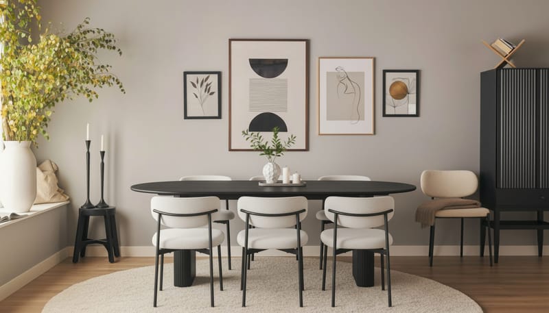 Noira Ovalt Spisebord 220 cm med 6 Lucy Spisestoler - Svart / Hvit Bouclé / Metallben Svart - Møbler - Bord - Spisegrupper