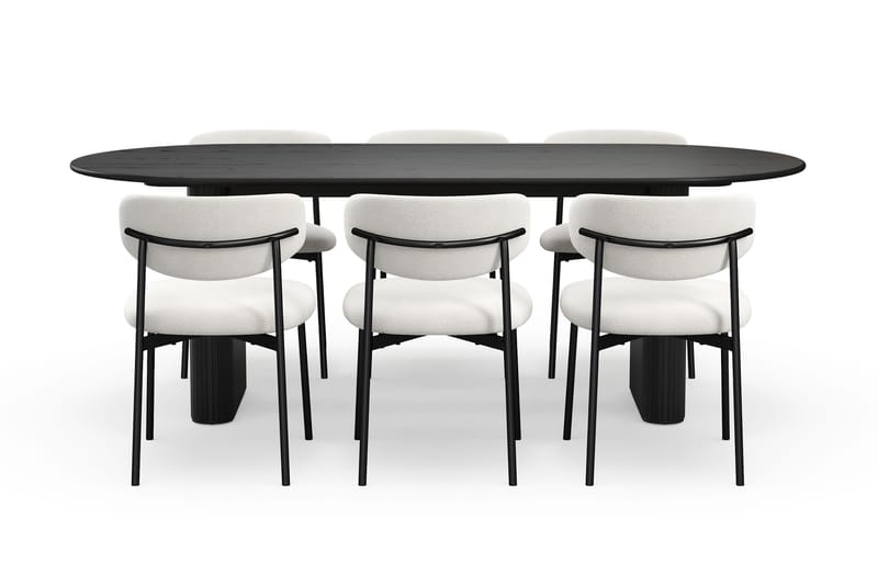 Noira Ovalt Spisebord 220 cm med 6 Lucy Spisestoler - Svart / Hvit Bouclé / Metallben Svart - Møbler - Bord - Spisegrupper