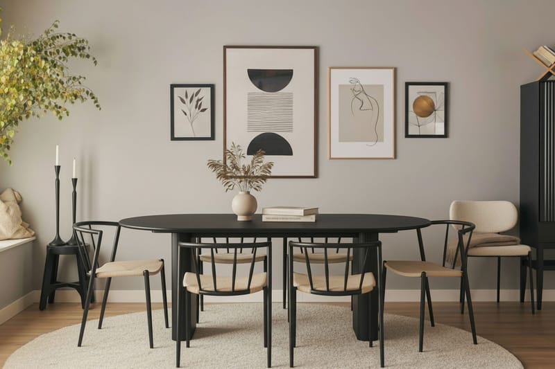 Noira Ovalt Spisebord 220 cm med 6 Winston Spisestoler - Svart / Beige / Metallben Svart - Møbler - Bord - Spisegrupper