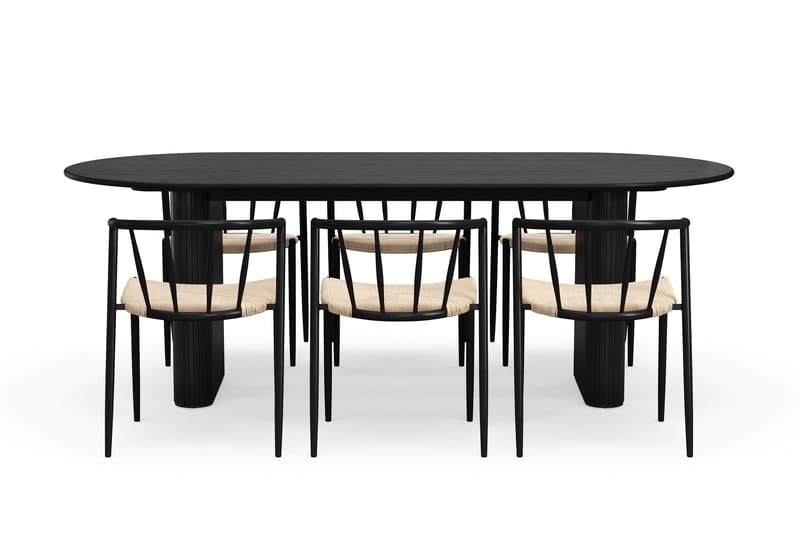Noira Ovalt Spisebord 220 cm med 6 Winston Spisestoler - Svart / Beige / Metallben Svart - Møbler - Bord - Spisegrupper