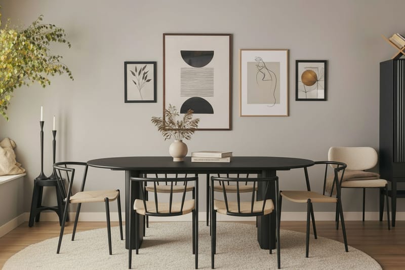 Noira Ovalt Spisebord 220 cm med 6 Winston Spisestoler - Svart / Beige / Metallben Svart - Møbler - Bord - Spisegrupper