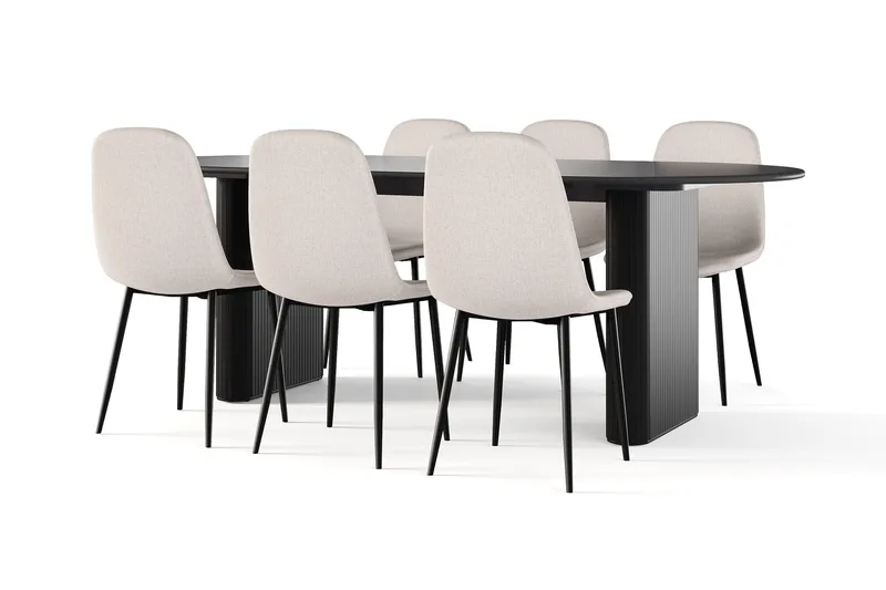 Noira Ovalt Spisebord 220 cm Svart + 6 Nibe stol beige med svarte ben, Svart/Beige