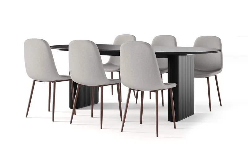 Noira Ovalt Spisebord 220 cm Svart + 6 Nibe stol beige med valnøttben, Svart/Beige