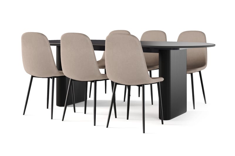 Noira Ovalt Spisebord 220 cm Svart + 6 Nibe stol brun med svarte ben, Svart/Brun