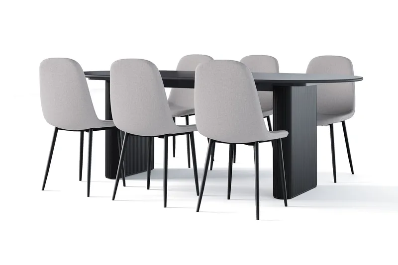 Noira Ovalt Spisebord 220 cm Svart + 6 Nibe stol grå med svarte ben, Svart/Grå
