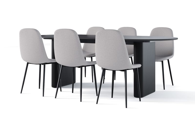 Noira Ovalt Spisebord 220 cm Svart + 6 Nibe stol grå med svarte ben, Svart/Grå