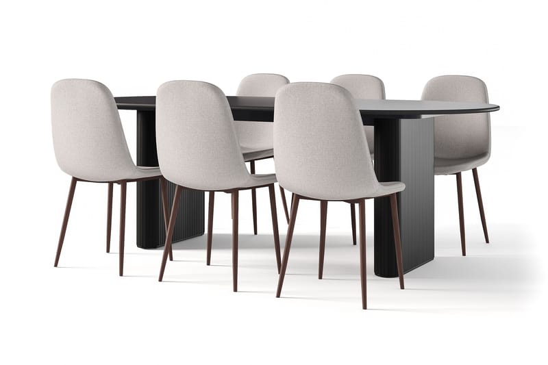 Noira Ovalt Spisebord 220 cm Svart + 6 Nibe stol grå med valnøttben, Svart/Grå