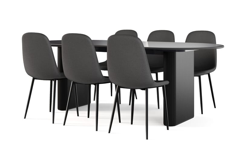 Noira Ovalt Spisebord 220 cm Svart + 6 Nibe stol svart med svarte ben, Svart