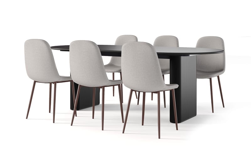 Noira Ovalt Spisebord 220 cm Svart + 6 stk Nibe stol beige med valnøttben, Svart/Beige