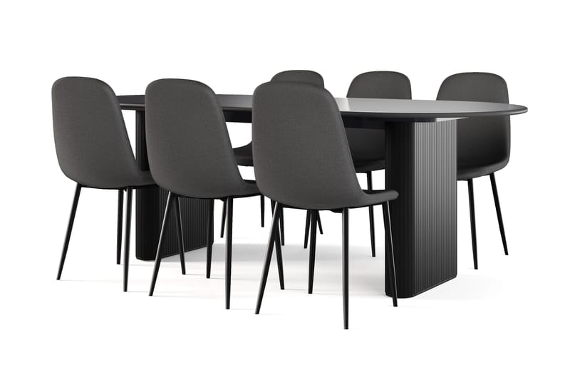 Noira Ovalt Spisebord 220 cm Svart + 6 stk Nibe stol svart med svarte ben, Svart