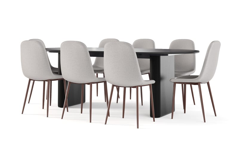 Noira Ovalt Spisebord 220 cm Svart + 8 Nibe stol beige med valnøttben, Svart/Beige