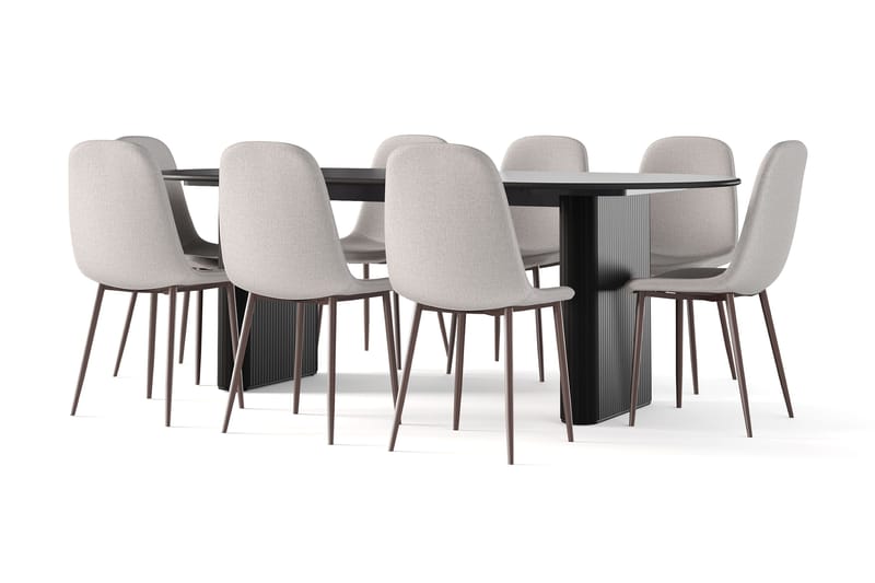 Noira Ovalt Spisebord 220 cm Svart + 8 Nibe stol grå med valnøttben - Svart/Grå - Møbler - Bord - Spisegrupper