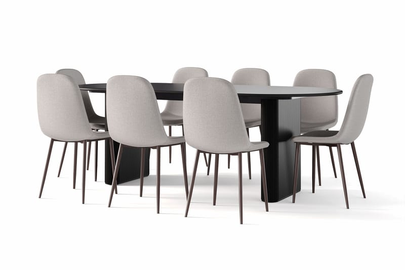 Noira Ovalt Spisebord 220 cm Svart + 8 Nibe stol grå med valnøttben - Svart/Grå - Møbler - Bord - Spisegrupper