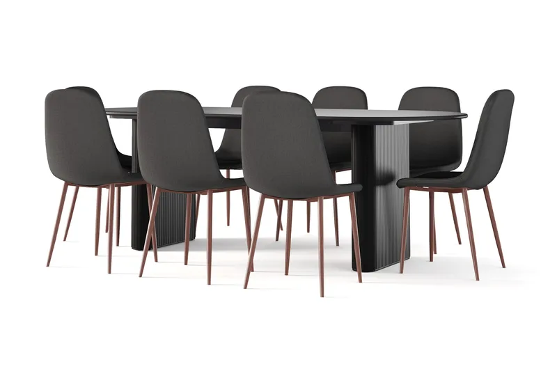 Noira Ovalt Spisebord 220 cm Svart + 8 Nibe stol svart med valnøttben - Svart - Møbler - Bord - Spisegrupper