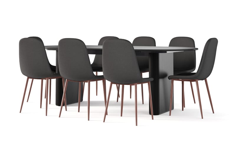 Noira Ovalt Spisebord 220 cm Svart + 8 Nibe stol svart med valnøttben - Svart - Møbler - Bord - Spisegrupper