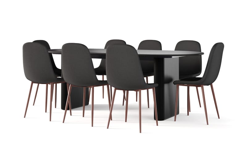 Noira Ovalt Spisebord 220 cm Svart + 8 Nibe stol svart med valnøttben - Svart - Møbler - Bord - Spisegrupper