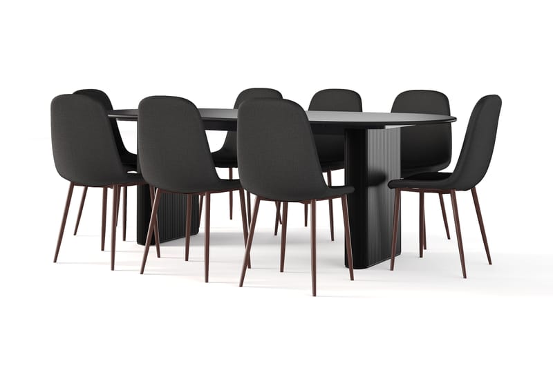 Noira Ovalt Spisebord 220 cm Svart + 8 Nibe stol svart med valnøttben, Svart