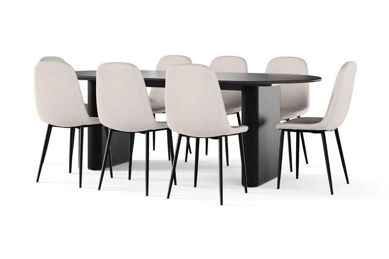 Noira Ovalt Spisebord 220 cm Svart + 8 Nibe stol beige med svarte ben, Svart/Beige