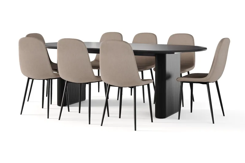 Noira Ovalt Spisebord 220 cm Svart + 8 Nibe stol brun med svarte ben, Svart/Brun