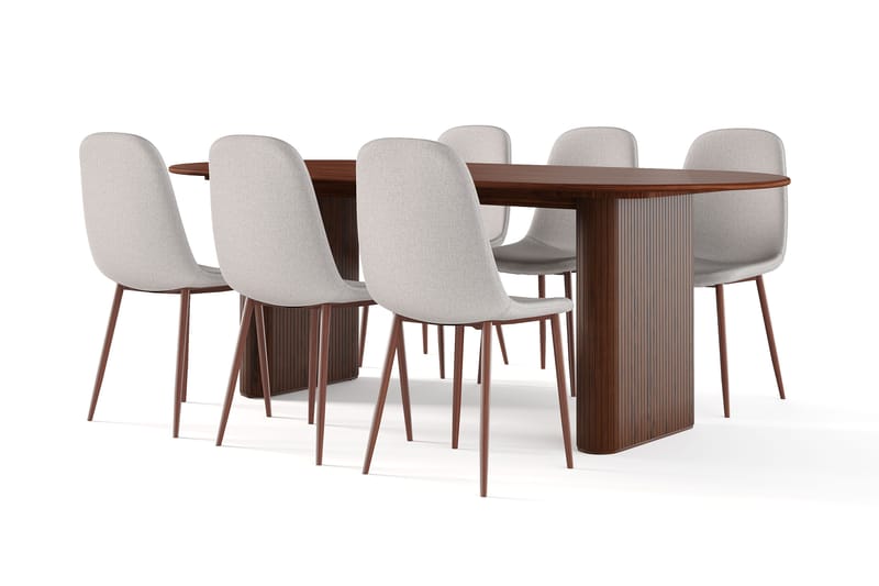Noira Ovalt Spisebord 220 cm Valnøtt + 6 Nibe stol beige med valnøttben, Brun/Beige