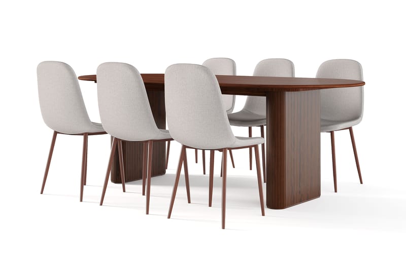 Noira Ovalt Spisebord 220 cm Valnøtt + 6 stk Nibe stol beige med valnøttben, Brun/Beige