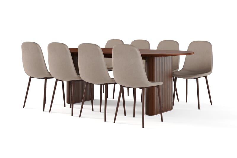 Noira Ovalt Spisebord 220 cm Valnøtt + 8 Nibe stol brun med valnøttben, Brun