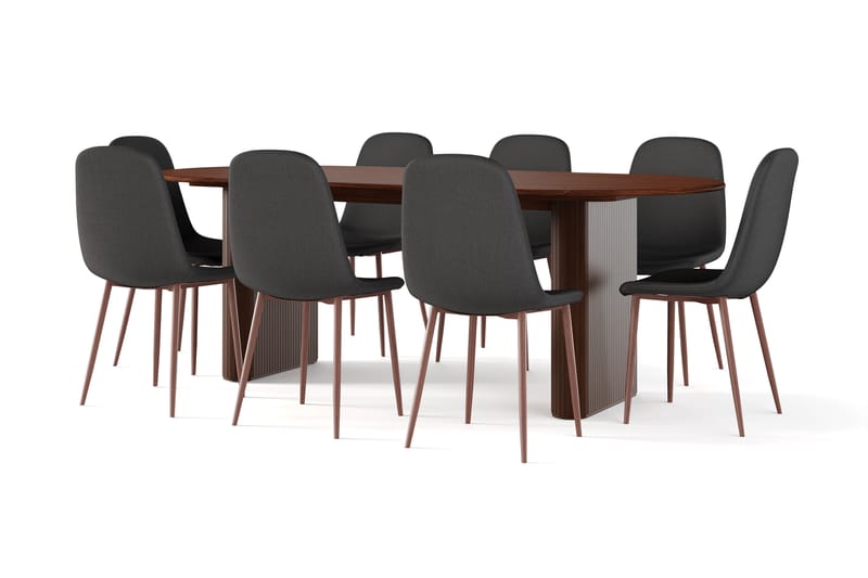 Noira Ovalt Spisebord 220 cm Valnøtt + 8 stk Nibe stol svart med valnøttben - Brun/Svart - Møbler - Bord - Spisegrupper
