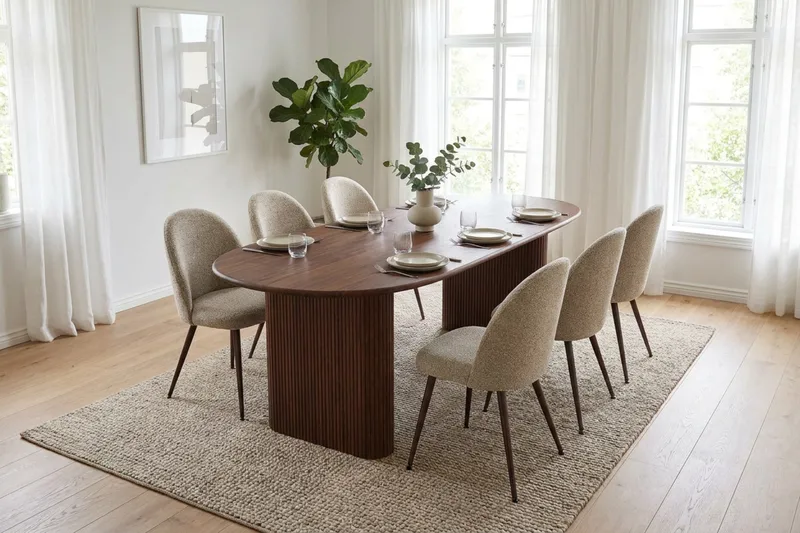 Noira Rektangulær Spisegruppe 180 cm – Spisebord med 6 Nibe Plus Spisestoler i Tre med Valnøttutseende - Brun - Møbler - Bord - Spisegrupper