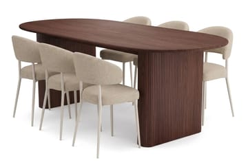 Noira Rektangulær Spisegruppe 220 cm – Spisebord med Valnøttutseende og 6 Polstrede Sawako Spisestoler - Brun|Beige - Møbler - Bord - Spisegrupper