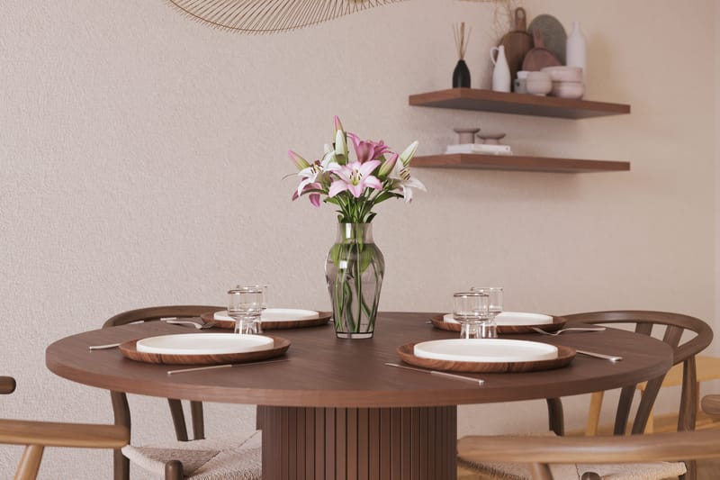 Noira Rund Spisegruppe 120 cm Rundt bord med 4 Dastoori Spisestoler - Brun / Beige / Valnøtt - Møbler - Bord - Spisegrupper