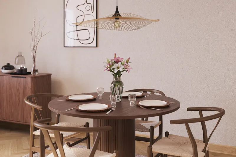 Noira Rund Spisegruppe 120 cm Rundt bord med 4 Dastoori Spisestoler - Brun / Beige / Valnøtt - Møbler - Bord - Spisegrupper