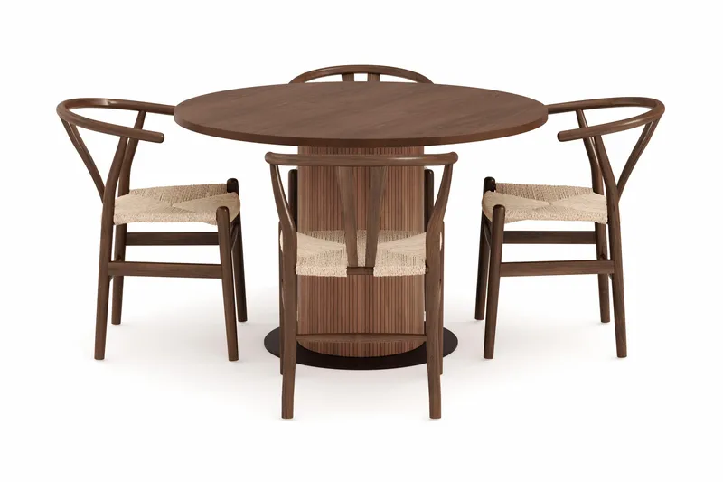 Noira Rund Spisegruppe 120 cm Rundt bord med 4 Dastoori Spisestoler - Brun / Beige / Valnøtt - Møbler - Bord - Spisegrupper