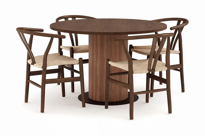 Noira Rund Spisegruppe 120 cm Rundt bord med 4 Dastoori Spisestoler, Brun / Beige / Valnøtt