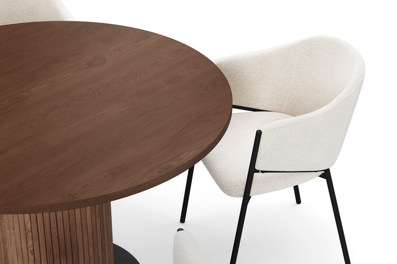 Noira Rundt Lite Spisebord Massiv Valnøtt 120 cm med 4 Filip Spisestoler - Brun / Hvit Bouclé - Møbler - Bord - Spisegrupper