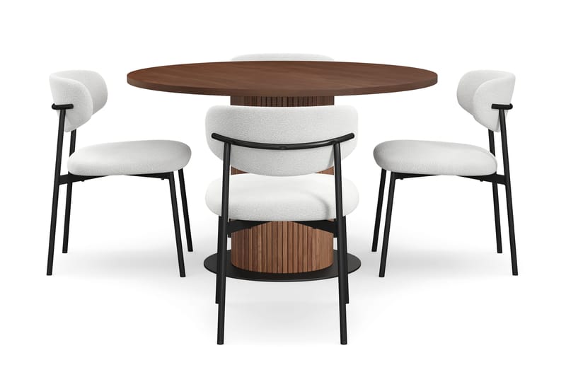 Noira Rundt Lite Spisebord Massiv Valnøtt 120 cm med 4 Lucy Spisestoler - Brun / Hvit Bouclé / Metallben Svart - Møbler - Bord - Spisegrupper